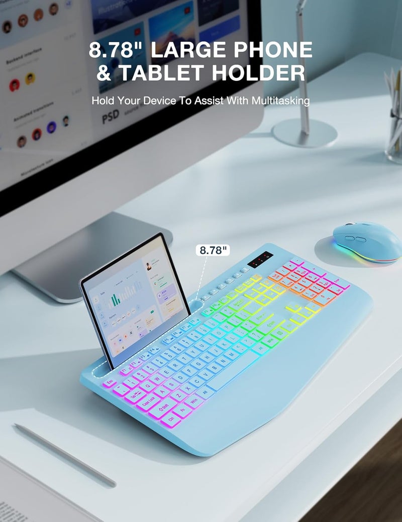 SABLUTE Wireless Keyboard and Mouse Combo, 9 Backlit Effects, Wrist Rest, Phone Holder, 2.4G Lag-Free Ergonomic Keyboards, Rechargeable Silent Cordless Set for Computer, Laptop, Mac, Windows - (Blue) - Image 4